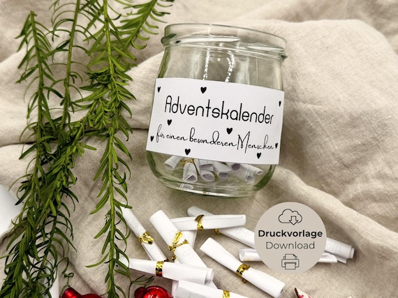 Adventskalender Achtsamkeit Selbstfürsorge Selbstliebe Kalender im Glas Inhalt Druckvorlage zum Ausdrucken Basteln Sofortdownload PDF Datei