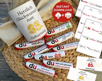 Printable Duplo gift template for an 85th birthday - 27 "You Are" sayings as a fun and creative craft gift, chocolate wrappers to print.