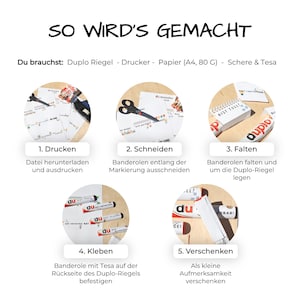 May include: A five-step instructional guide titled SO WIRD'S GEMACHT showing how to wrap Duplo candy bars. The steps include printing, cutting with scissors, folding paper wrappers, taping them, and gifting the finished candy bars with text.