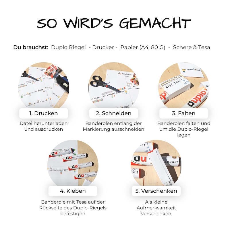 May include: A five-step instructional guide titled SO WIRD'S GEMACHT showing how to wrap Duplo candy bars. The steps include printing, cutting with scissors, folding paper wrappers, taping them, and gifting the finished candy bars with text.