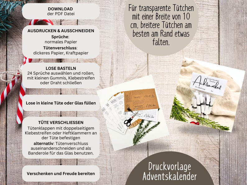 DIY Adventskalender / Instandt Download bzw. digitale Druckvorlage mit 30 Achtsamkeitssprüchen + 6 Blanko-Karten. Perfekt als liebevolles Geschenk für Mama, Freundin oder zum Selbermachen für eine achtsame Adventszeit.