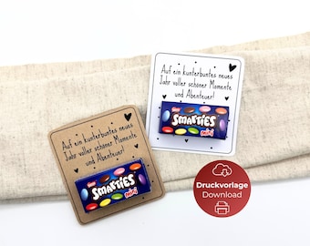 Plantilla para imprimir tarjeta Nochevieja Año Nuevo colorido DIY Año Nuevo para elaborar souvenirs golosinas chocolate Plantilla de artesanía digital Descargar