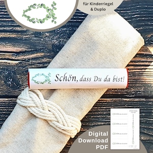 Scarica fascetta "È bello che sei qui", pesce eucalipto adatto per Duplo / barrette per bambini, regalo ospite comunione, battesimo, cresima
