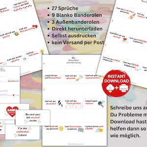 May include: A digital printable set featuring 27 German phrases for school farewells, including 9 blank bands and 3 outer bands. The sheets contain text such as 'bist der beste Lehrer der Welt' and 'Danke', accompanied by small colorful icons and graphics.