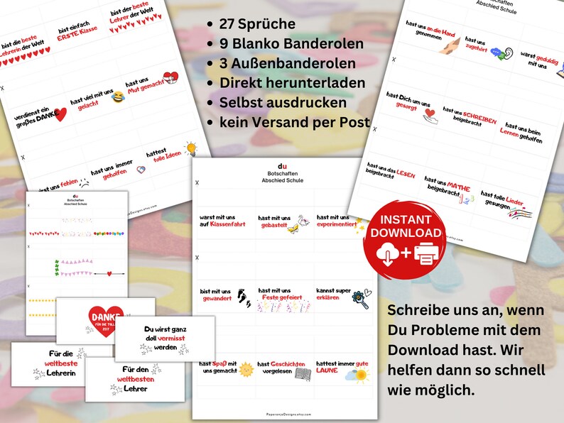 May include: A digital printable set featuring 27 German phrases for school farewells, including 9 blank bands and 3 outer bands. The sheets contain text such as 'bist der beste Lehrer der Welt' and 'Danke', accompanied by small colorful icons and graphics.