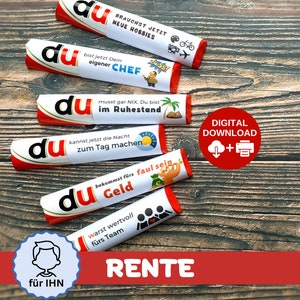 May include: Five red and white candy bar wrappers with different sayings in German. The wrappers feature illustrations of a chef, a palm tree, a sun, a piggy bank, and a group of people. The text on the wrappers reads "du" which means "you" in English. The wrappers are arranged vertically on a wooden surface. The text "DIGITAL DOWNLOAD" is in a red circle with a cloud and printer icon. The text "RENTE" is in large red letters at the bottom of the image. A small circle with a cartoon boy's face and the text "für IHN" is in the lower left corner of the image.