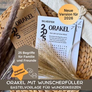 Descargar oráculo con cumplidor de deseos Nochevieja 2026, plantilla para bengalas con sopa de letras, ensalada de letras como regalo de invitado, regalo, decoración