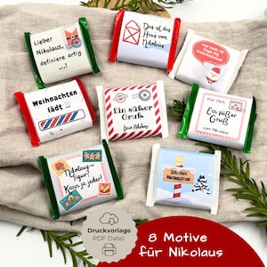 May include: An assortment of eight wrapped chocolate bars with festive designs and text in German. The bars feature various Christmas-themed illustrations and phrases, including "Ein süßer Gruß" and "Schönen Nikolaustag".