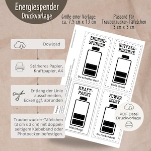 Digitale PDF-Druckvorlage mit 4 Motivkarten im Batterie-Design, Sprüche wie „Energiespender“ und „Power Boost“, zum Befestigen von Dextro-Energy-Täfelchen, Geschenkidee zur Motivation.