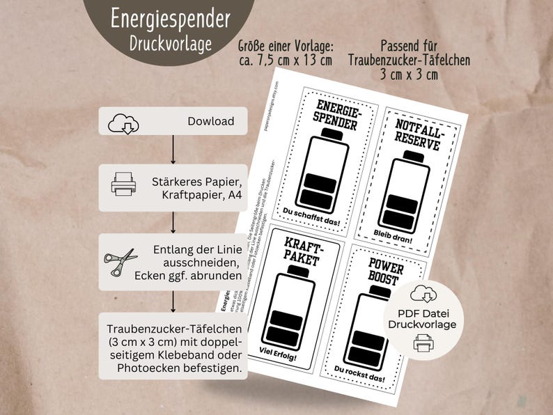Digitale PDF-Druckvorlage mit 4 Motivkarten im Batterie-Design, Sprüche wie „Energiespender“ und „Power Boost“, zum Befestigen von Dextro-Energy-Täfelchen, Geschenkidee zur Motivation.