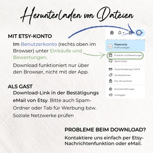 May include: A screenshot of a web page with instructions on how to download files from Etsy. The text reads "Downloading files from Etsy" and includes instructions for downloading files using an Etsy account or as a guest. The text also includes instructions on how to contact Etsy customer support if you have problems downloading files.