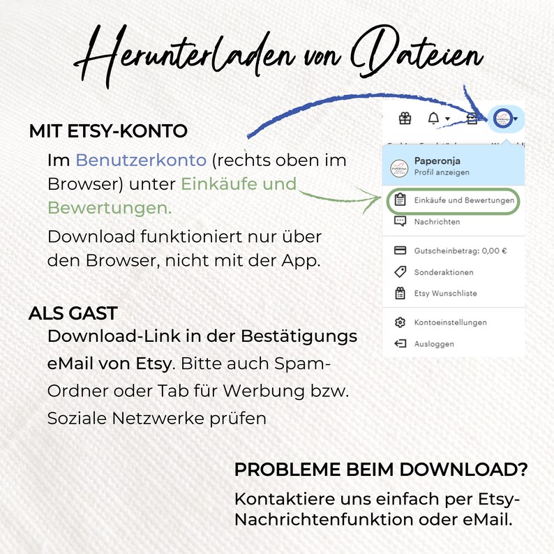 May include: A screenshot of a web page with instructions on how to download files from Etsy. The text reads "Downloading files from Etsy" and includes instructions for downloading files using an Etsy account or as a guest. The text also includes instructions on how to contact Etsy customer support if you have problems downloading files.