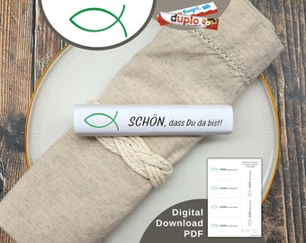 Download Banderole „Schön, dass du da bist“ mit Fisch grün passend für Duplo & Kinderriegel als Gastgeschenk Kommunion, Taufe, Konfirmation