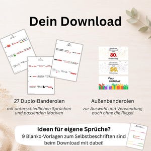 Pu&ograve; includere: Download digitale di biglietti di compleanno stampabili ed elementi decorativi. Include modelli con varie frasi e disegni, oltre a modelli vuoti per la personalizzazione. L'immagine mostra il testo "Dein Download" e "Happy Birthday".