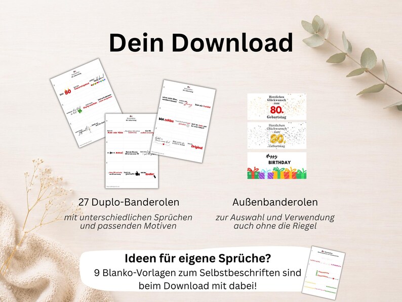 Pu&ograve; includere: Download digitale di biglietti di compleanno stampabili ed elementi decorativi. Include modelli con varie frasi e disegni, oltre a modelli vuoti per la personalizzazione. L'immagine mostra il testo "Dein Download" e "Happy Birthday".