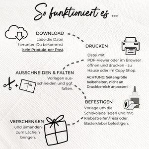 May include: A diagram showing how to download, print, cut, fold, and assemble a printable gift box. The diagram includes illustrations of a cloud with a download arrow, a printer, scissors, a folded box, and a roll of tape.