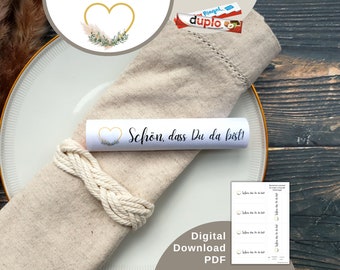 Download Banderole „Schön, dass du da bist“ für Duplo & Kinderriegel, Gastgeschenk Tischdeko, Hochzeit, Jugendweihe, Kommunion, Konfirmation