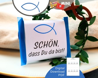 Download Banderole passend für Ritter Sport Mini „Schön, dass du da bist“ und Fisch als Gastgeschenk Kommunion, Taufe, Firmung, Konfirmation