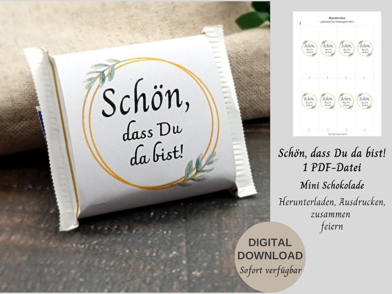 Download Banderole Schön, dass du da bist passend für Rittersport Mini, Gastgeschenk Hochzeit, Kommunion, Taufe, Konfirmation, Jugendweihe Bild 2