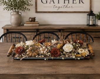 Sola Wood Flower and Pumpkin Centerpiece, Fall Table Centerpiece, Thanksgiving Centerpiece, Sola Wood Flowers in a Galvanized Metal Tray
