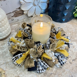 Bees & Daises Rag Candle Ring, Farmhouse Candle Ring Decor, Pilar Candle Ring, Black and White Buffalo Check Candle Ring / Vase NOT Included
