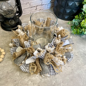 Gray and White Rag Candle Ring 6&quot; Farmhouse Decor, Rag Candle Ring, Pilar Candle Ring , Gray and White Gingham Candle Ring Vase NOT Included