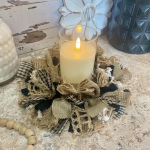 Black and Tan Rag Candle Ring 6&quot;, Rag Candle Ring, Pilar Candle Ring , Black and Tan Gingham Candle Ring Vase NOT Included