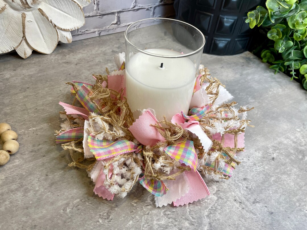 Easter Rag Candle Ring 4, Pastel Easter Decor, Candle Centerpiece