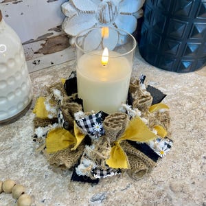 Bees & Daises Rag Candle Ring, Farmhouse Candle Ring Decor, Pilar Candle Ring, Black and White Buffalo Check Candle Ring / Vase NOT Included