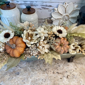 Pumpkin Flower Centerpiece, Fall Flower Table Decor, Rustic Trough Centerpiece, Thanksgiving Centerpiece, Sola Wood Flower Fall Centerpiece