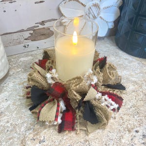 Black & Red Buffalo Check Rag Candle Ring 4&quot;, Farmhouse Decor, Candle Centerpiece, Buffalo Check Candle Ring Centerpiece/Vase NOT Included