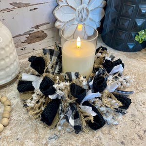 Black & White Buffalo Check Burlap Rag Candle Ring 6&quot;/Farmhouse Candle Centerpiece/Candle Holder Ring/Candle Wreath Ring/Vase NOT Included