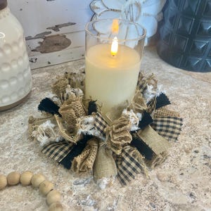 Black and Tan Rag Candle Ring 4&quot; or 6&quot;, Rag Candle Ring, Pilar Candle Ring , Black and Tan Gingham Candle Ring Vase NOT Included