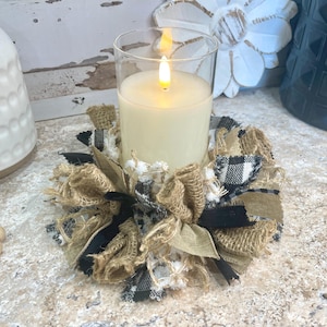 Black & White Rag Candle Ring 4&quot;, Farmhouse Decor, Candle Centerpiece, Buffalo Check Candle Ring Centerpiece/Vase NOT Included