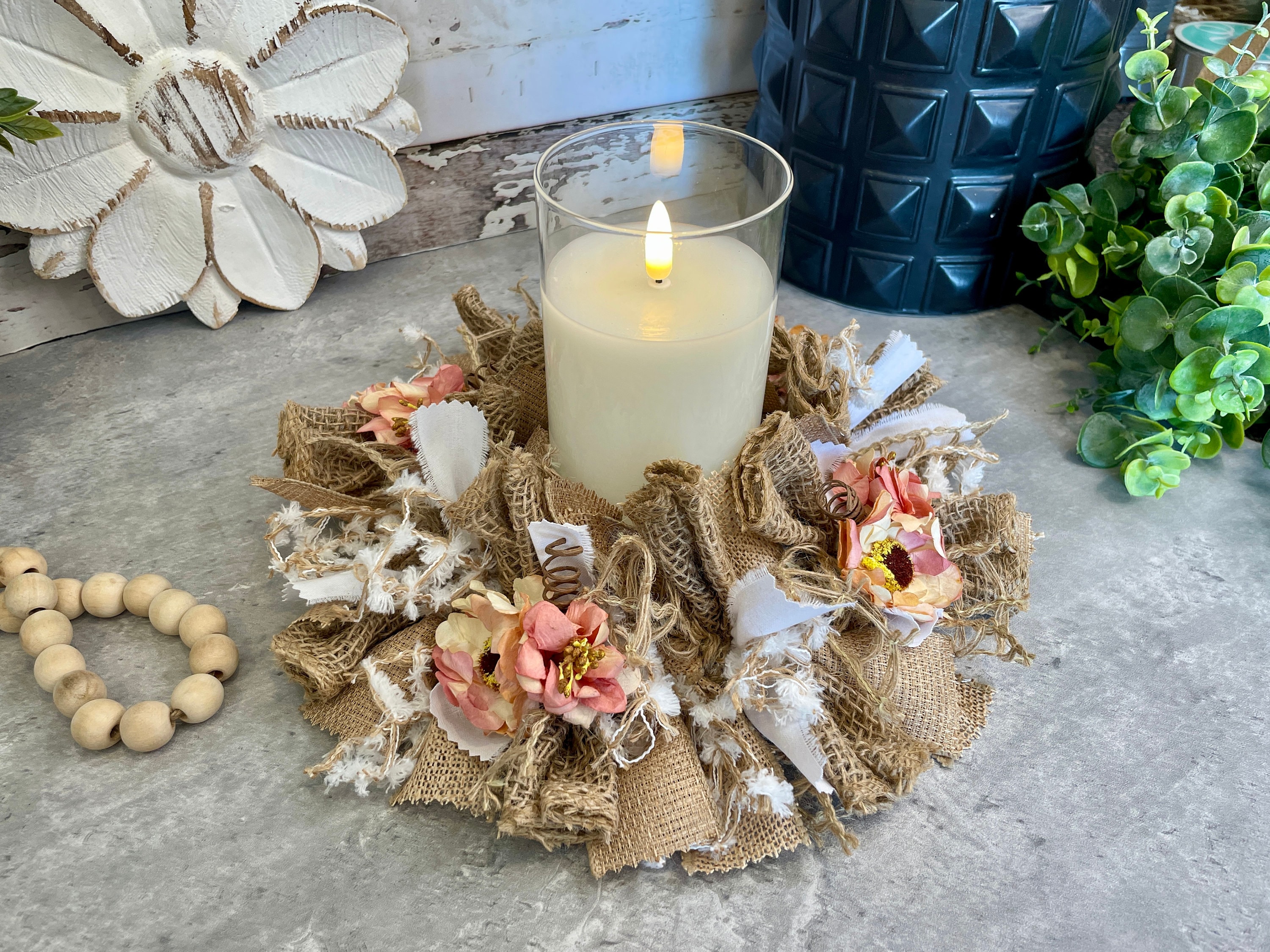 Anillo de vela de trapo de arpillera de flores, pieza central de anillo de  vela de trapo de flores de seda de 6\, image size:3000x2250