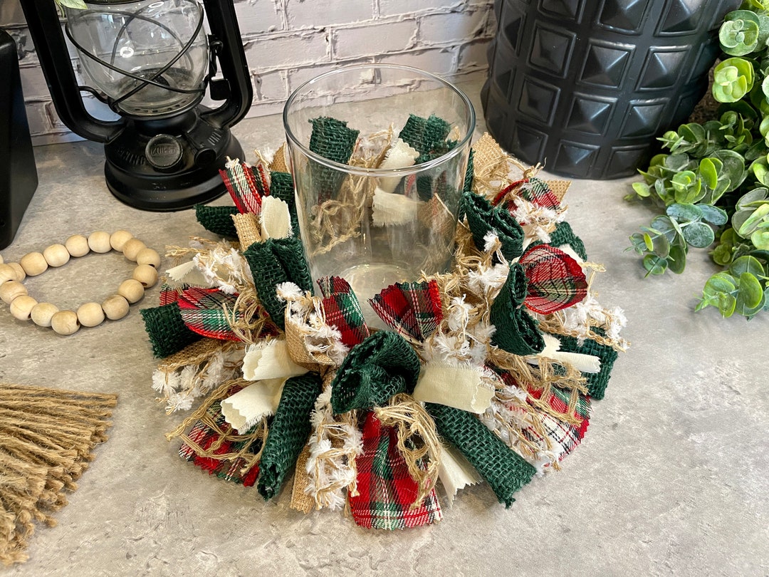 Christmas Burlap Rag Candle Ring 6, Farmhouse Christmas Centerpiece