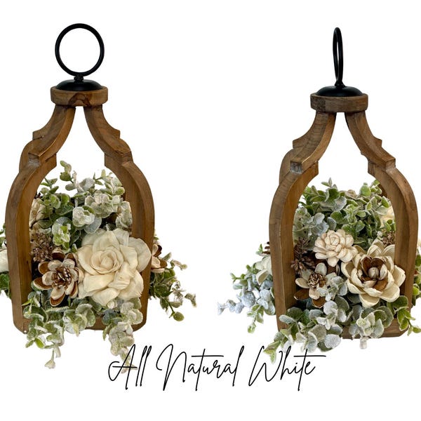 Holiday Flower Lantern Centerpiece, Wood Lantern Table Decor, Christmas Centerpiece Sola Wood Flower Centerpiece, Floral Lantern Arrangement