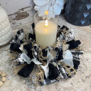 Black & White Buffalo Check Burlap Rag Candle Ring 6&quot;/Farmhouse Decor/Wedding Centerpiece/Bridal Shower/Baby Shower/Vase NOT Included