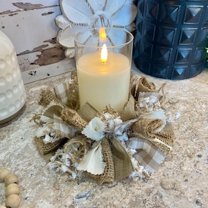 Taupe & Cream Candle Ring 4" or 6" Farmhouse Decor, Rag Candle Ring Centerpiece, Taupe Candle Ring Centerpiece/Vase NOT Included