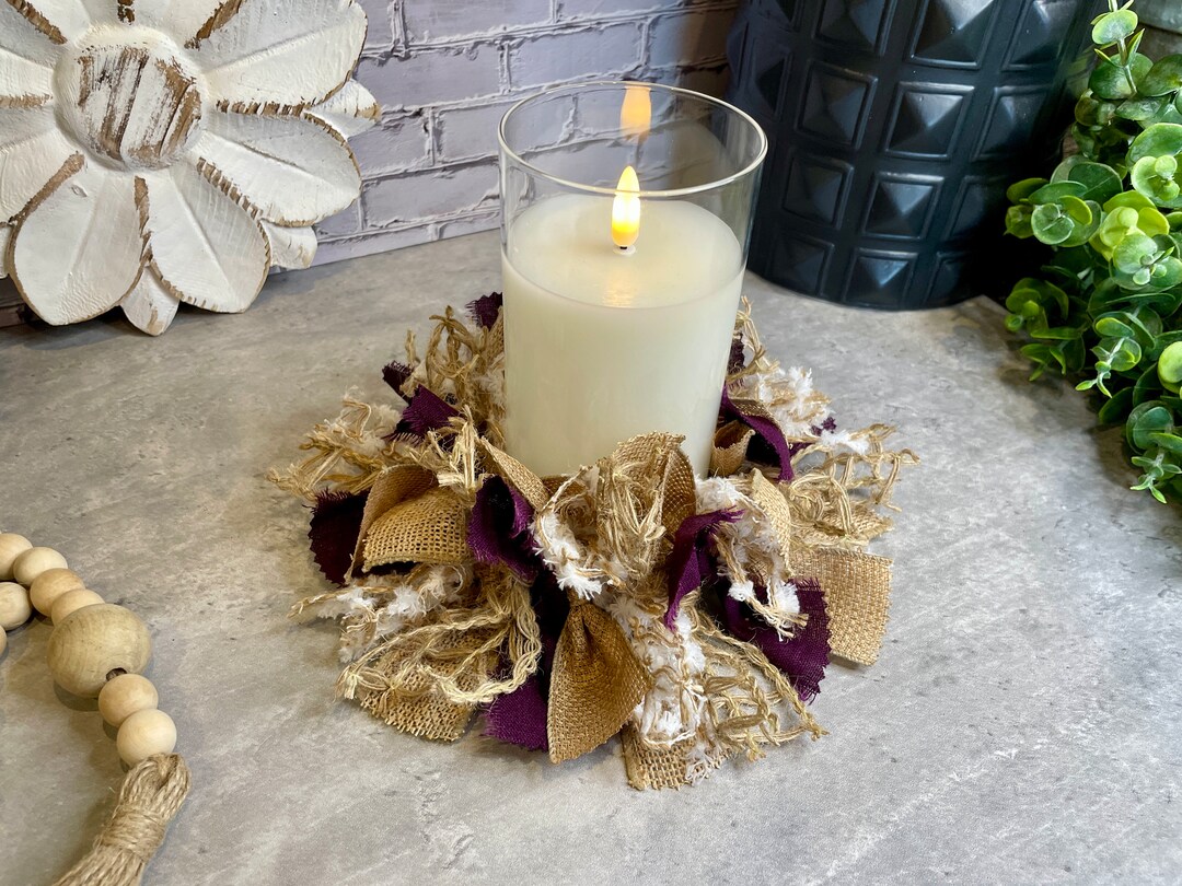 Plum Purple Rag Candle Ring 4, Farmhouse Decor, Candle Centerpiece