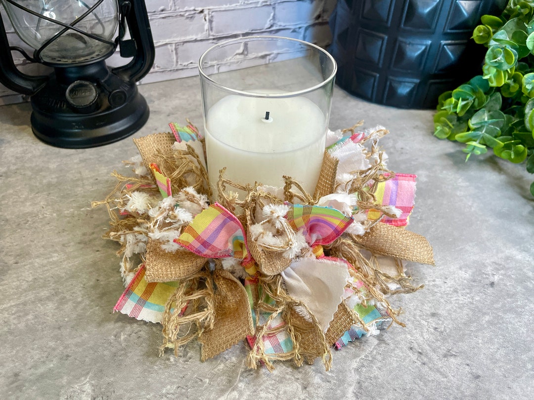 Easter Rag Candle Ring 4, Pastel Easter Decor, Candle Centerpiece