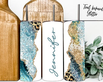 Teal Leopard Glitter 20oz Skinny Straight Tumbler, Custom Tumblers/Personalized Tumbler, Teal Leopard Glitter