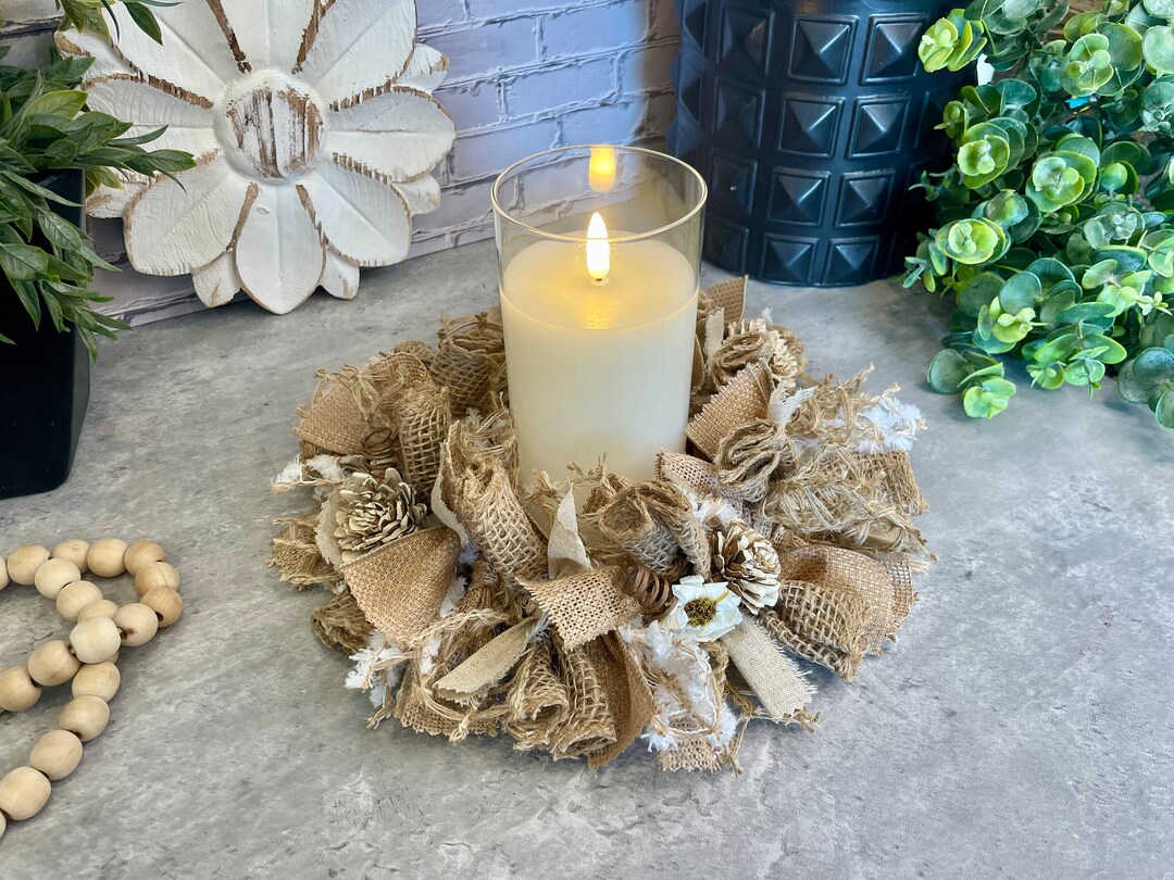 Sola Wood Flower Centerpiece Burlap Rag Candle Ring 4.5 or 6 Rag Candle