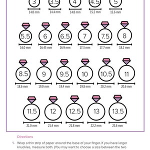 Puede incluir: Una gu&iacute;a de tallas de anillos con un gr&aacute;fico que muestra diferentes tallas de anillos en mil&iacute;metros. El gr&aacute;fico incluye las tallas 3 a 13,5. El gr&aacute;fico tambi&eacute;n incluye instrucciones sobre c&oacute;mo medir tu talla de anillo.