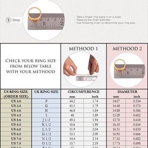 Puede incluir: Un gr&aacute;fico que muestra c&oacute;mo medir el tama&ntilde;o de tu anillo usando dos m&eacute;todos diferentes. El gr&aacute;fico incluye tallas de anillo de EE. UU., tallas de anillo del Reino Unido, circunferencia en mil&iacute;metros y pulgadas, y di&aacute;metro en mil&iacute;metros y pulgadas.