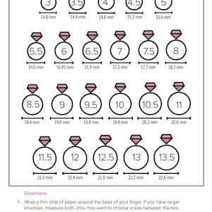 May include: A ring size guide chart with a pink and white color scheme. The chart shows different ring sizes from 3 to 13.5, with corresponding measurements in millimeters.