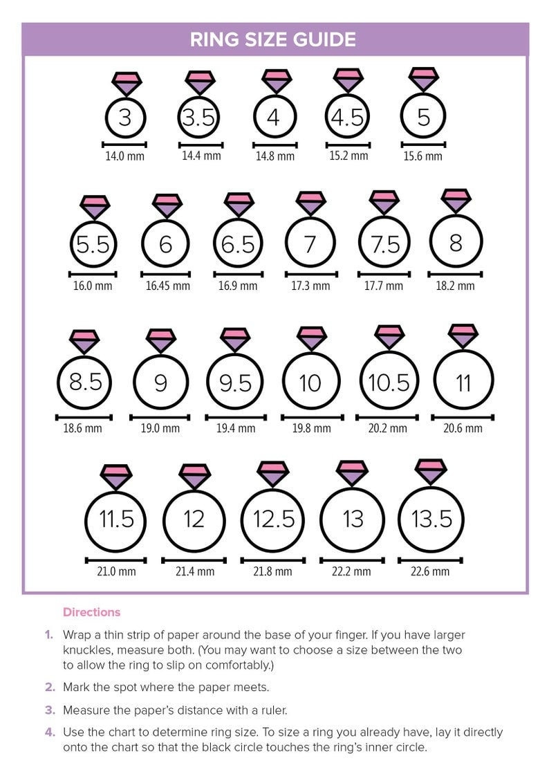 May include: A ring size guide chart with a pink and white color scheme. The chart shows different ring sizes from 3 to 13.5, with corresponding measurements in millimeters.