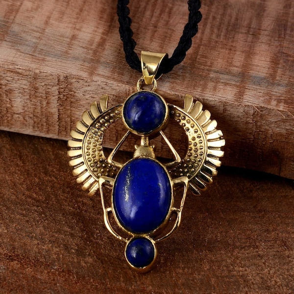 Golden Scarab Necklace / Lapis Lazuli Scarab Pendent / Talisman jewelry / Third Eye / Boho / Inca / Ethnic / Illuminati