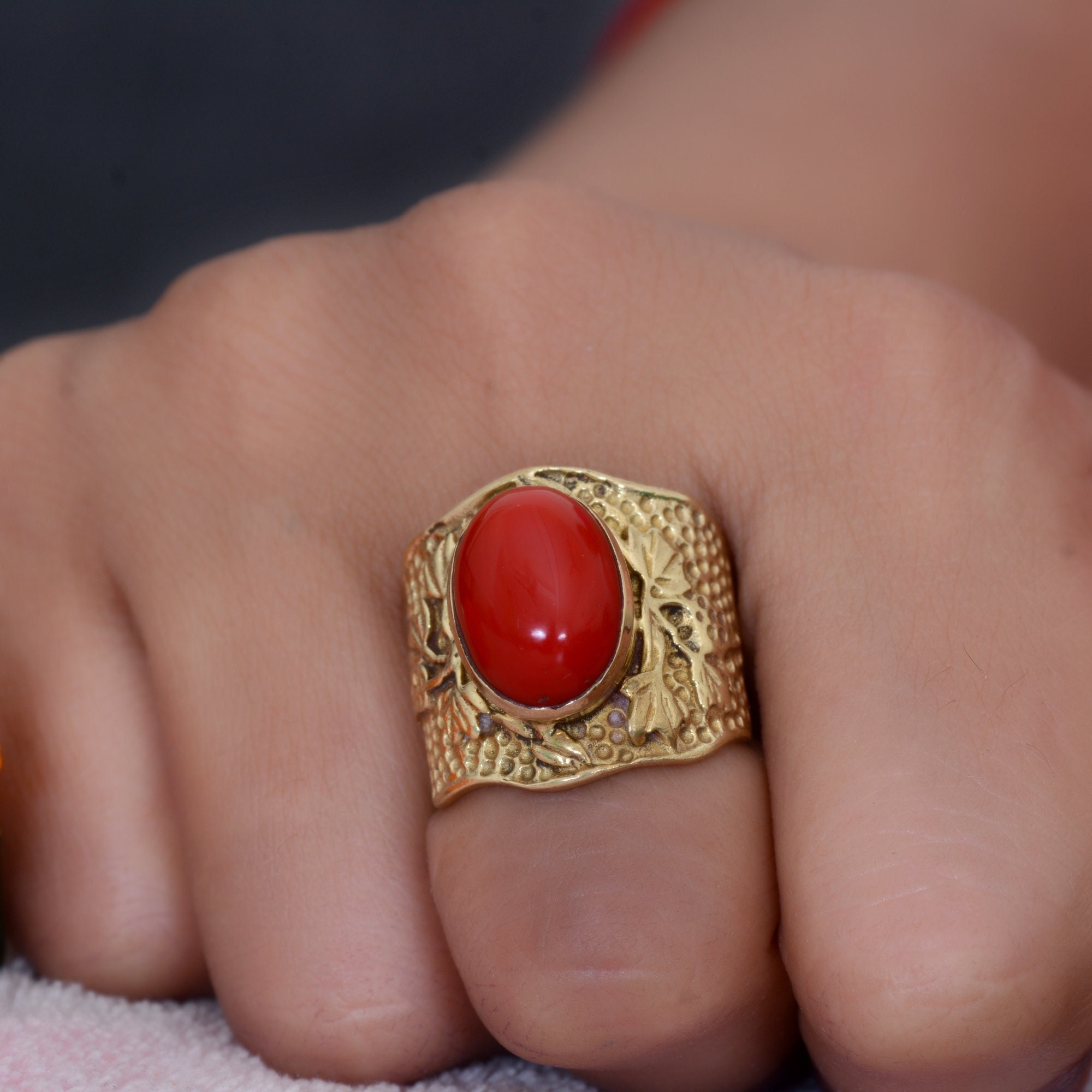 Triangle Red Coral (Moonga) Gemstone Ring - Shraddha Shree Gems