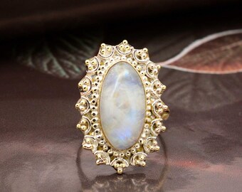 Brass Oval Moonstone Ring, Boho Gemstone Jewelry
